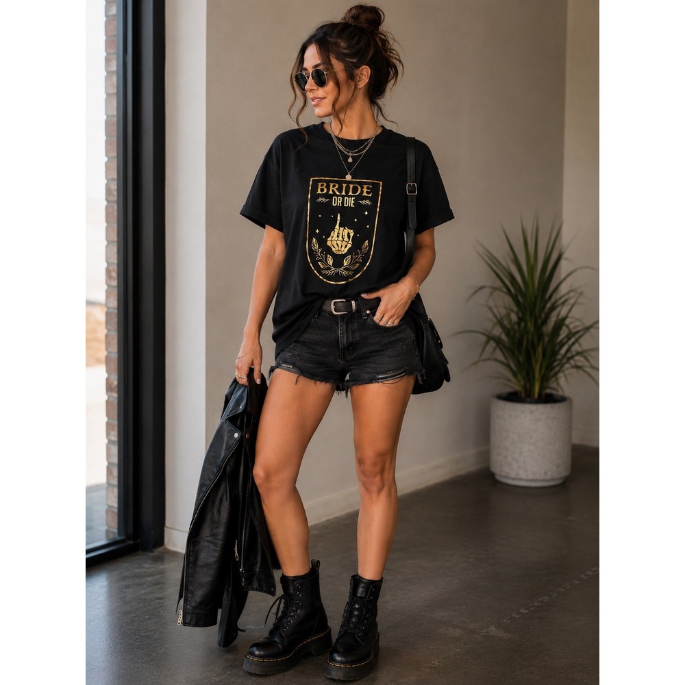 Sonoma Bride Or Die T-Shirt Womens L Black Cotton Skeleton Gold Foil Wedding Tee